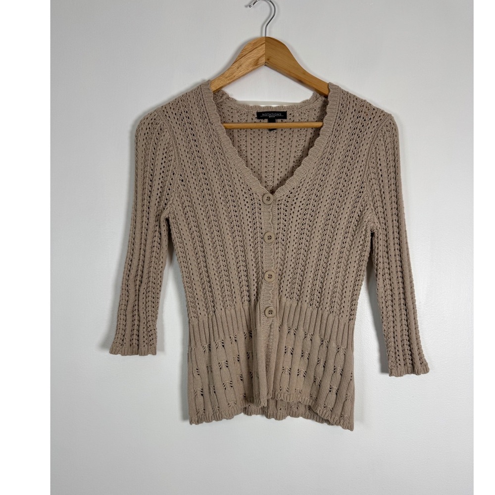 Cottagecore Notations Petite PS Cardigan Taupe Pointelle Cotton Knit 3/4 Sleeve